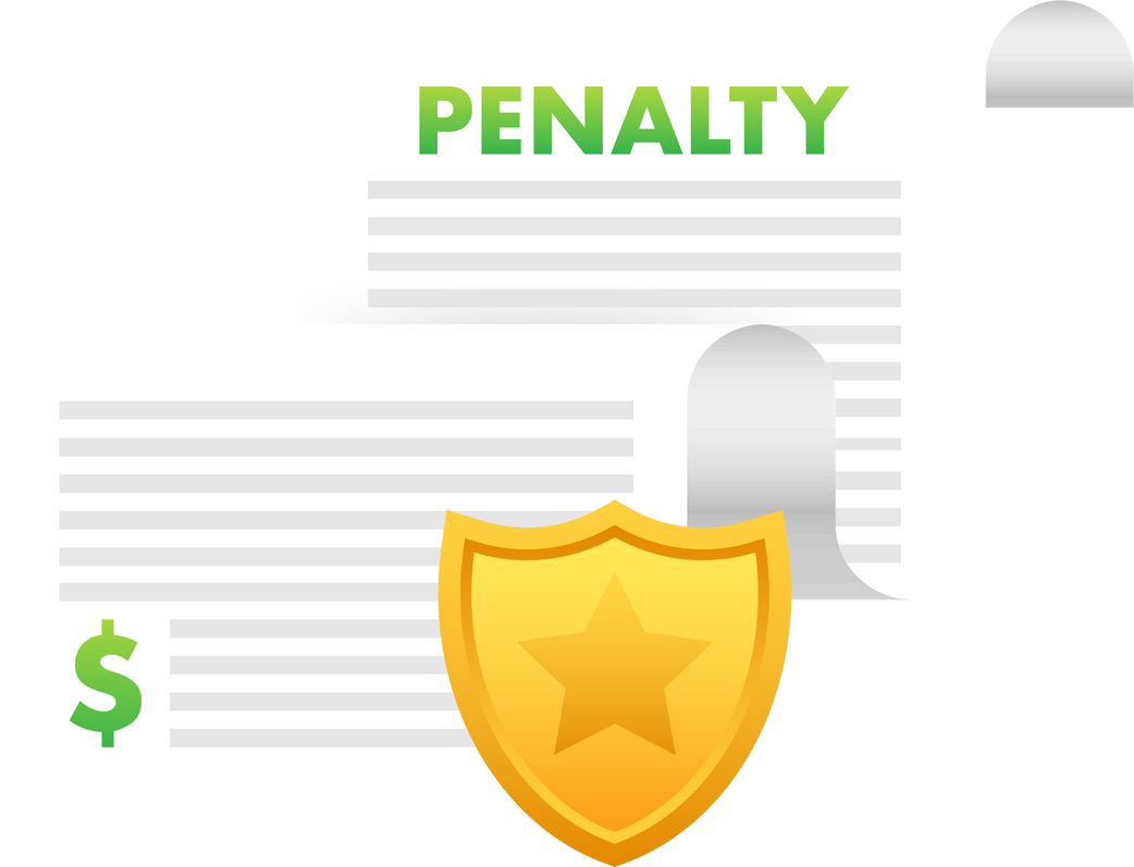 Penalty document with shield. Payment protection. Vector stock illustration.